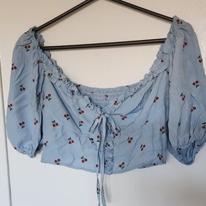 Blue Shirt with Cherry Pattern and Puff Sleeves